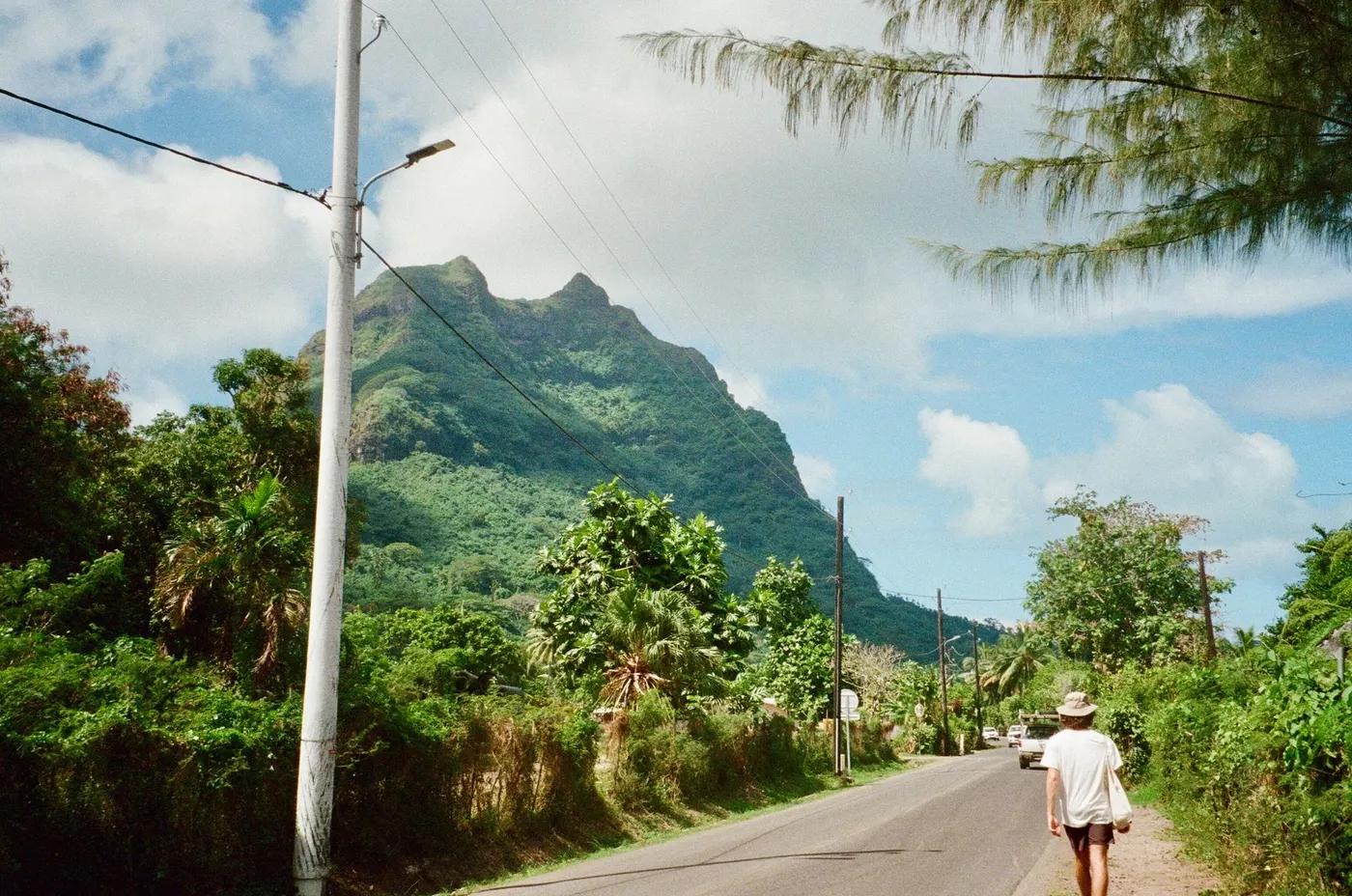 A person walking down a tropical road with lush greenery and mountains under a clear sky.