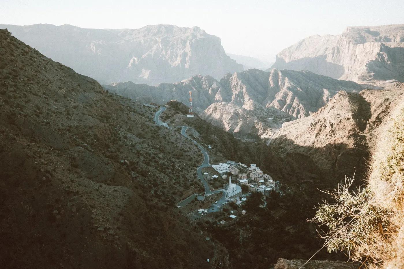 A breathtaking view of Jebel Akhdar in Oman, showcasing rugged terrain and charming villages.