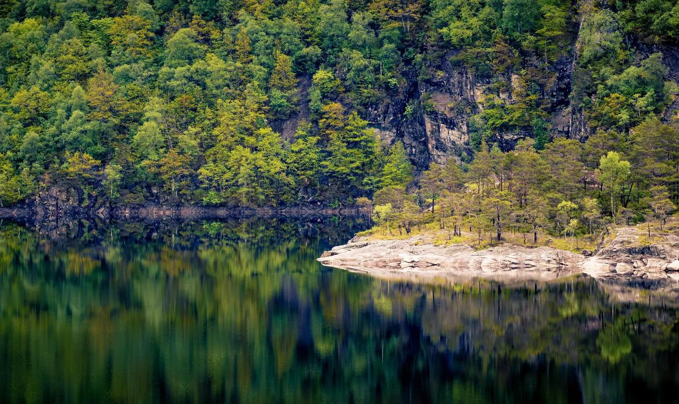 Tranquil scene of a lake reflecting lush forests in Hol, Norway.